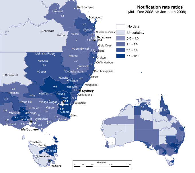 Map 3:  Notification rate ratio for pertussis comparing January to June with July to December 2008, by Statistical Division of residence