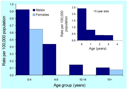 Figure 29. Notification rates of Haemophilus influenzae type b infection, Australia, 2000, by age and sex