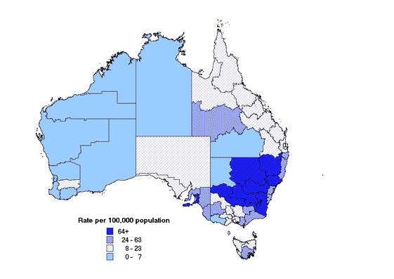 Map 6. Notification rates of pertussis, Australia, 2000, by Statistical Division of residence