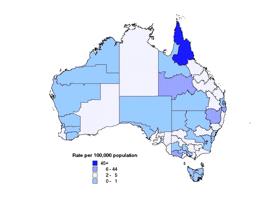 Map 9. Notification rates of leptospirosis, Australia, 2000, by Statistical Division of residence