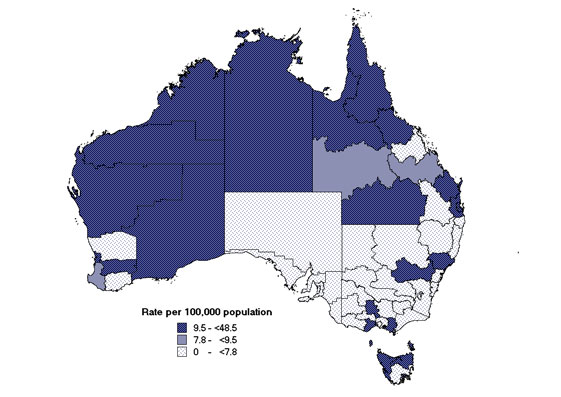 Map. Notification rates of invasive pneumococcal disease, Australia, 2001, by Statistical Division of residence