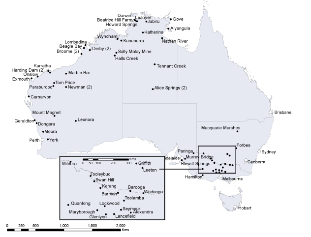 Sentinel chicken testing sites, Australia, 2009-10