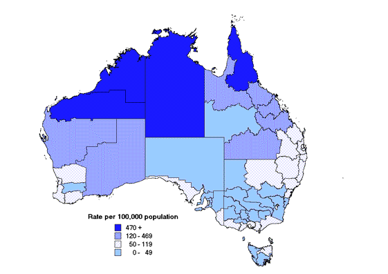 Map 3. Notification rates of chlamydial infection, Australia, 2000, by Statistical Division of residence