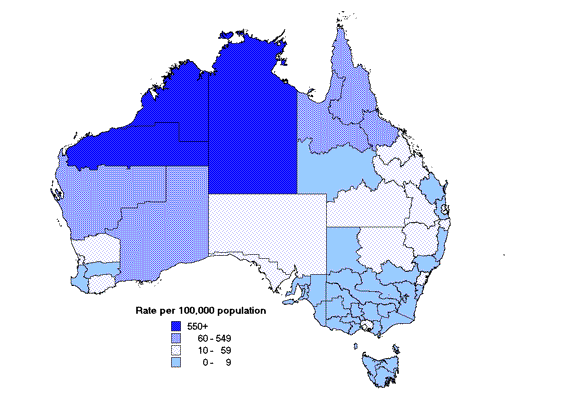 Map 4. Notification rates of gonococcal infections, Australia, 2000, by Statistical Division of residence