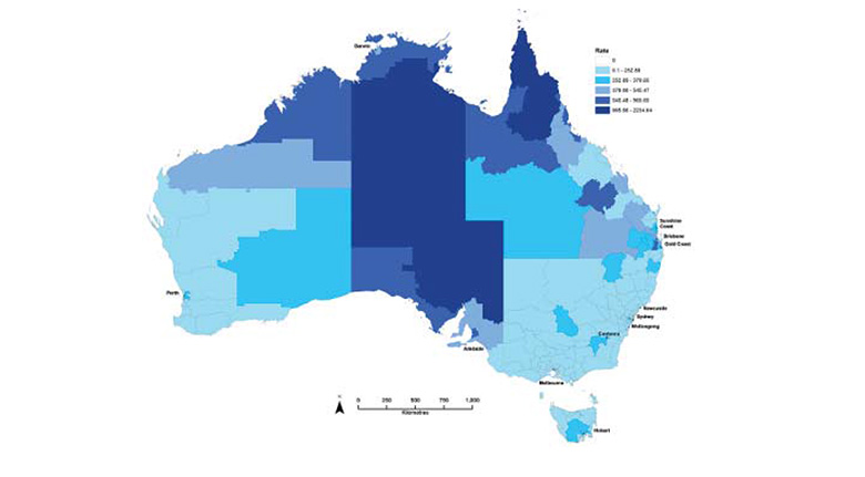 Figure 3: Map of laboratory confirmed influenza rates, 2009, by Statistical Area