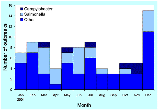 Figure 13. Foodborne disease outbreaks, 2001, by month and agent
