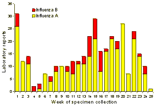 Figure 6. Laboratory reports of influenza, 1999, by type and by month of specimen collection
