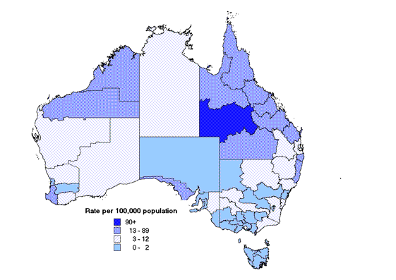 Map 7. Notification rates of Barmah Forest virus infection, Australia, 2000, by Statistical Division of residence