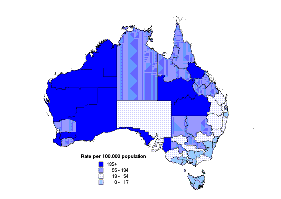 Map 8. Notification rates of Ross River virus infection, Australia, 2000, by Statistical Division of residence