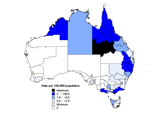 Map 11. Notification rates of leptospirosis, Australia, 2001, by Statistical Division of residence