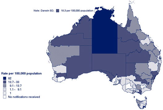 Map. Notification rates of invasive pneumococcal disease, Australia, 2004, by Statistical Division of residence