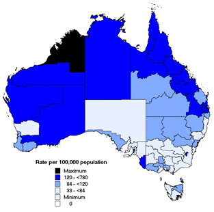 Map 3. Notification rates of chlamydial infection, Australia, 2002, by Statistical Division of residence