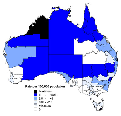 Map 5. Notification rates of syphilis infection, Australia, 2002, by Statistical Division of residence