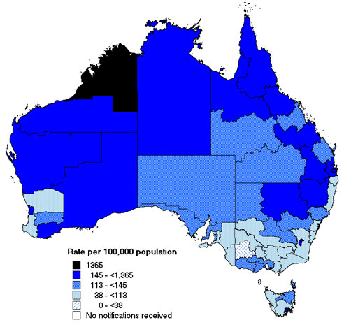 Map 3. Notification rates of chlamydial infection, Australia, 2003, by Statistical Division of residence