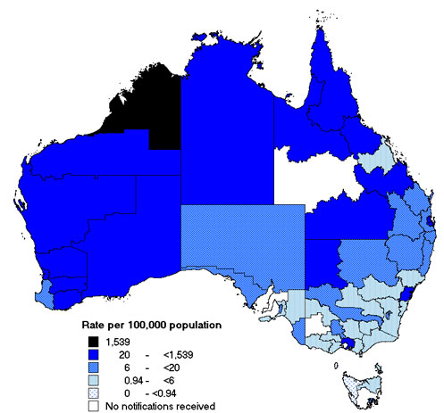 Map 4. Notification rates of gonococcal infection, Australia, 2003, by Statistical Division of residence