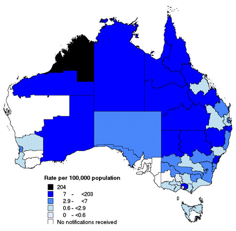 Map 5. Notification rates of syphilis infection, Australia, 2003, by Statistical Division of residence