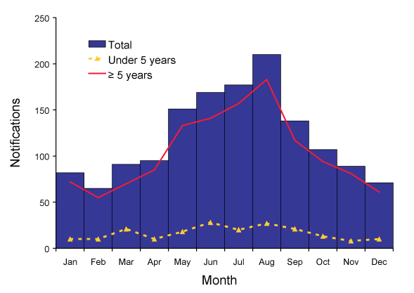 Figure 1. Notifications of invasive pneumococcal disease, Australia, 2006, by month of report and age group