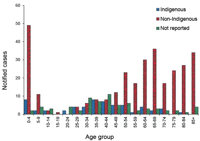 Notified cases of invasive pneumococcal disease Australia, 1 April to 30 June 2013, by Indigenous status and age group. A link to a text description follows