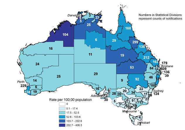 Map 9:  Notification rates for Ross River virus infection, Australia, 2007, by Statistical Division of residence and Statistical Subdivision for the Northern Territory