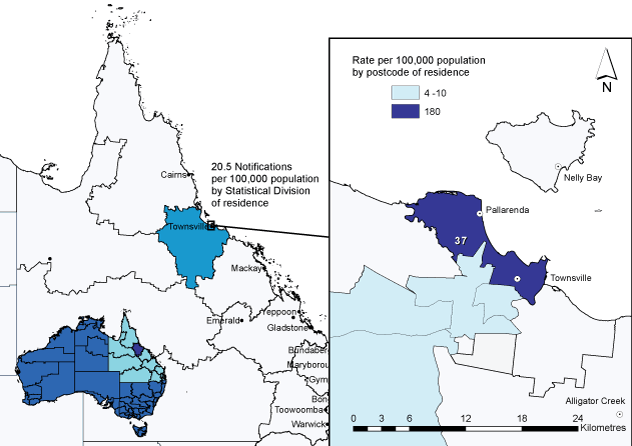 Map 10:  Notification number and rate of locally-acquired dengue virus infection, Australia, 2007 