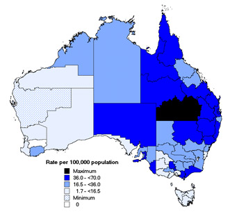 Map 6. Notification rates of pertussis, Australia, 2002, by Statistical Division of residence