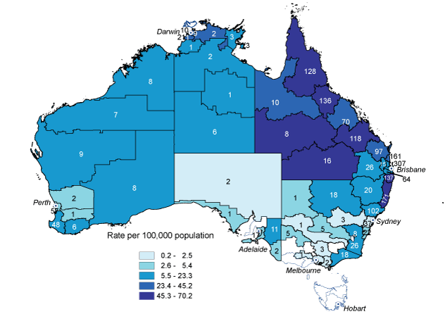 Map 1:  Number of notified cases and rate of Barmah Forest virus infection, Australia, 1 July 2007 to 30 June 2008, by Statistical Division