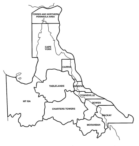 Figure 1. The Northern Public Health Zone of Queensland showing the 11 Health Service District jurisdictions