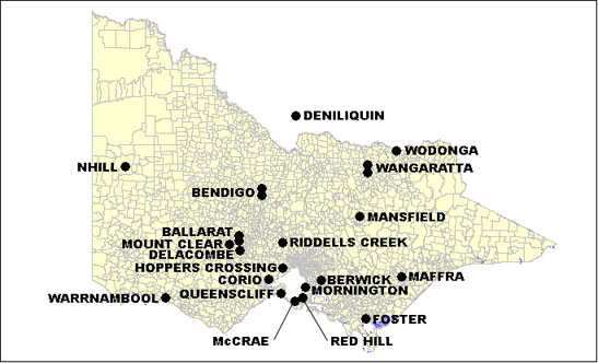 Figure 1b. Distribution of sentinel surveillance sites in rural Victoria