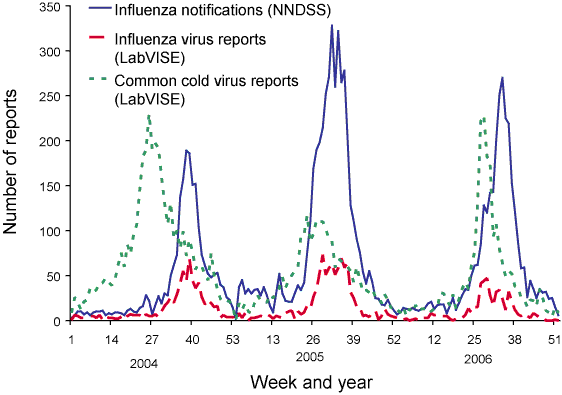 Figure 5. Laboratory reports of influenza and common cold virus reports and notifications of laboratory-confirmed influenza reported to NNDSS, 2004 to 2006
