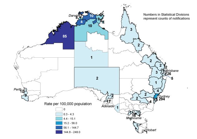 Map 6:  Notification rates for mumps, Australia, 2007, by Statistical Division of residence and Statistical Subdivision for the Northern Territory