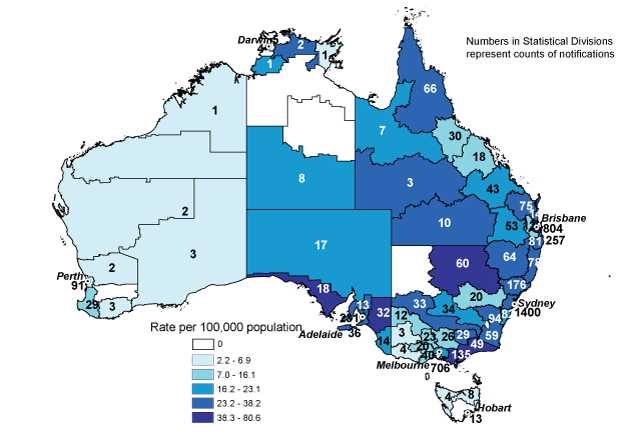 Map 7:  Notification rates for pertussis, Australia, 2007, by Statistical Division of residence and Statistical Subdivision for the Northern Territory
