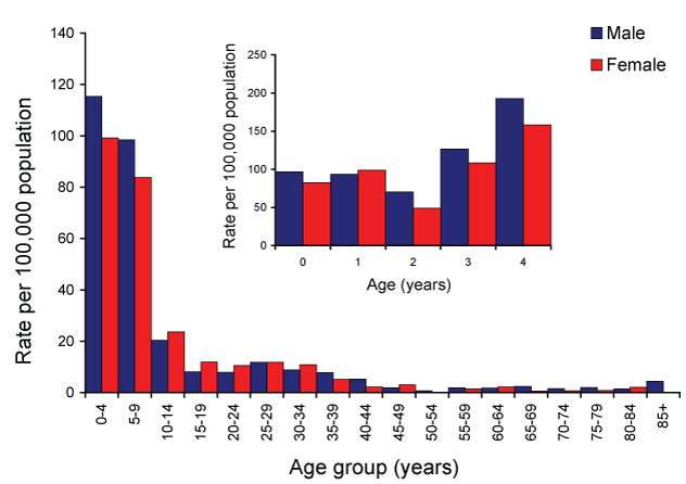 Figure 47:  Notification rate for chickenpox, Australia, 2007, by age group and sex