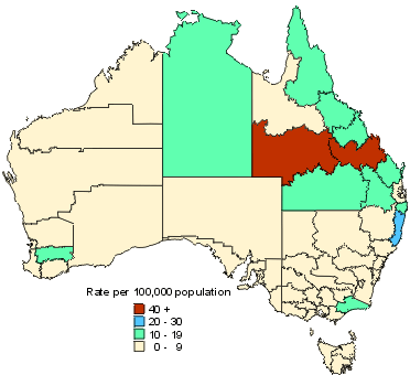 Map 9. Notification rate of Barmah Forest virus infection, 1998, by Statistical Division of residence