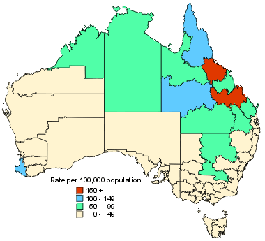 Map 10. Notification rate of Ross River virus infection, 1998, by Statistical Division of residence