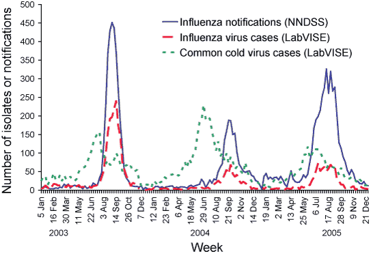 Figure 5.  Influenza and common cold virus cases  reported to LabVISE compared to notifications of influenza to NNDSS, 2003 to 2005,  by week of report