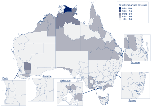 Figure 17:  'Fully immunised' coverage at 5 years of age, by Statistical Subdivision, Australia, 2008