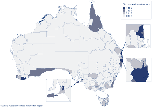 Figure 18:  Proportion of official conscientious objectors to immunisation, Australia, 2008