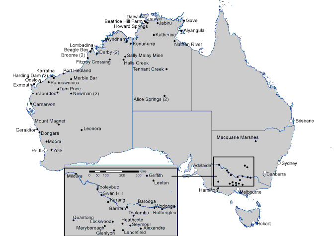 Map 2:  Sentinel chicken testing sites, Australia, 2008-09