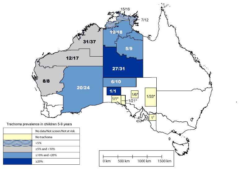 Map of Australia, with shading legend distinguishing the number of at-risk communities screened and trachoma prevalence in 2010. See appendix for text alternative