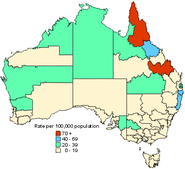 Map 3. Notification rate of hepatitis A, 1998, by Statistical Division of residence