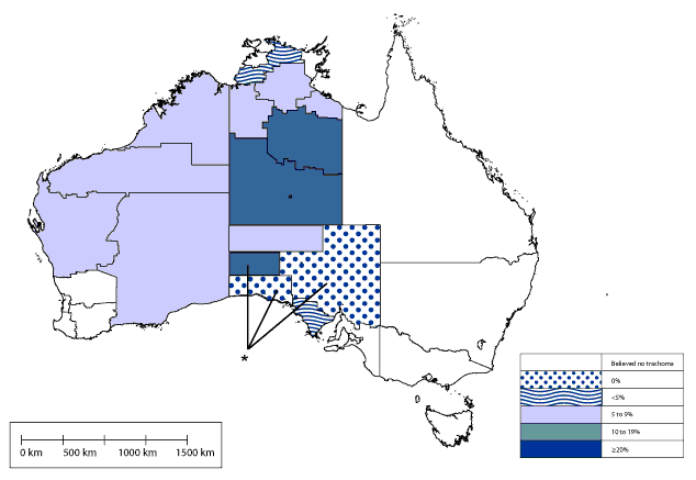 Map:  Prevalence of active trachoma in Australia for children 1 to 9 years, 2009, by region