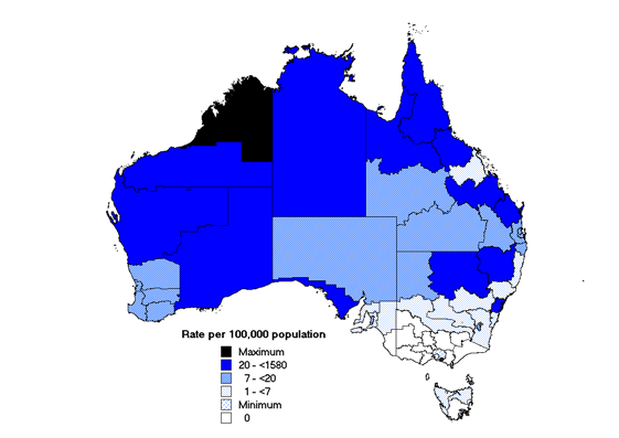 Map 4. Notification rates of gonococcal infection, Australia, 2001, by Statistical Division of residence