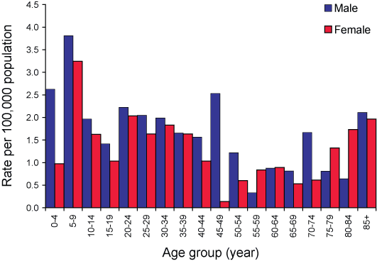 Figure 19. Notification rates of hepatitis A, Australia, 2004, by age group and sex