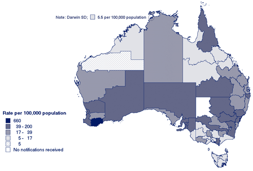 Map 6. Notification rates of pertussis, Australia, 2004, by Statistical Division of residence