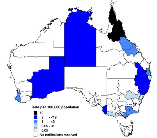 Map 9. Notifications rates of leptospirosis infection, Australia, 2003, by Statistical Division of residence