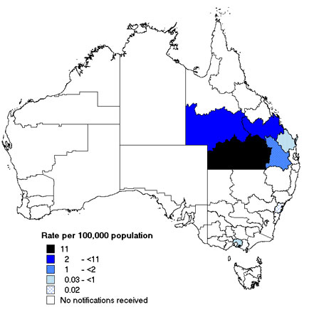 Map 8. Notification rates of brucellosis infection, Australia, 2003, by Statistical Division of residence