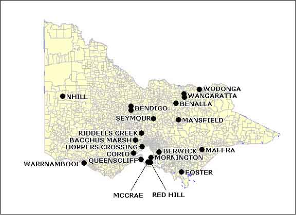 Figure 1a. Distribution of sentinel surveillance sites in rural Victoria