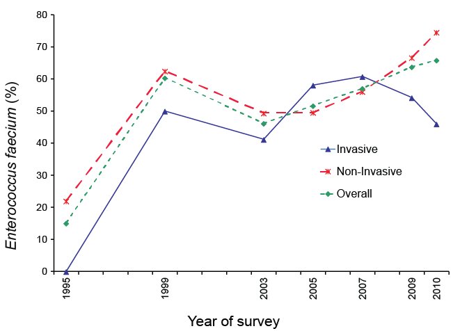 Percentage of Enterococcus faecium resistant to high-level gentamicin, by survey year. A text description follows.