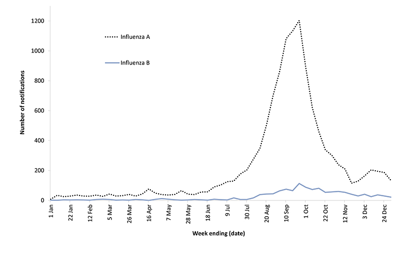 Figure 6: Number of influenza notifications reported to the National Notifiable Diseases Surveillance System, Australia, 2010, by type and week of diagnosis* The figure shows the number of influenza notifications per week by influenza type. The graph show