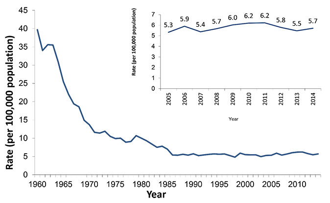 This figure shows the rate of tuberculosis (TB) in Australia from 1960 to 2014. The figure demonstrates a substantial decline in the rate of TB since the 1960s, which has been maintained since the mid 1980s. Notification rates in the last decade have incr